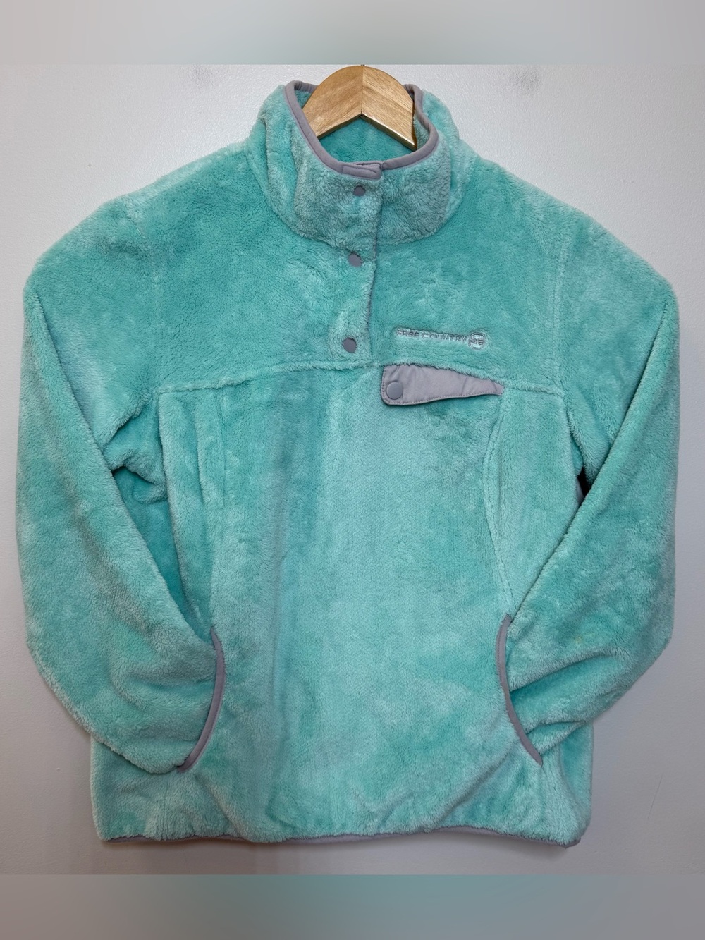 Free Country Womens Large Robins Egg Fleece Pullover 1/4 Snap Gray Trim Jacket